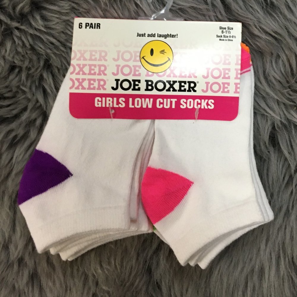 Joe Boxer | Girl's Low Cut Socks | 6 Pack | White & Neon | Size 6-8.5